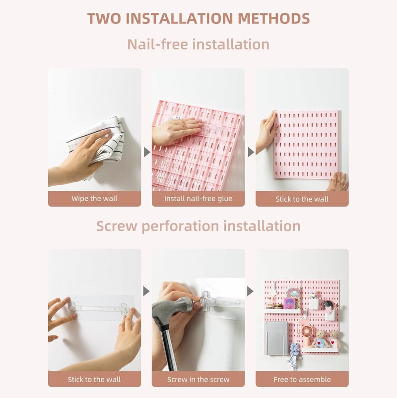 VUSIGN Pegboard Combination Wall Organizer Kit, 4 Pieces Pegboards and 17 Accessories Modular Hanging, Wall Mount Display Peg Board Panel Kits for Bedroom, Home, Office, Bathroom, 22" x 22", Pink - Image 4